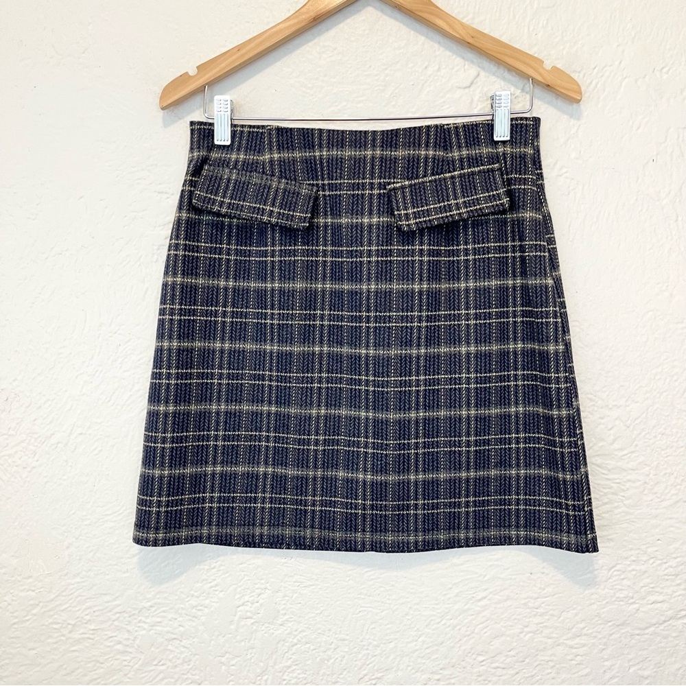 ModCloth Skirt Mini Blue Gold Metallic Plaid Retro Preppy Academia Medium M